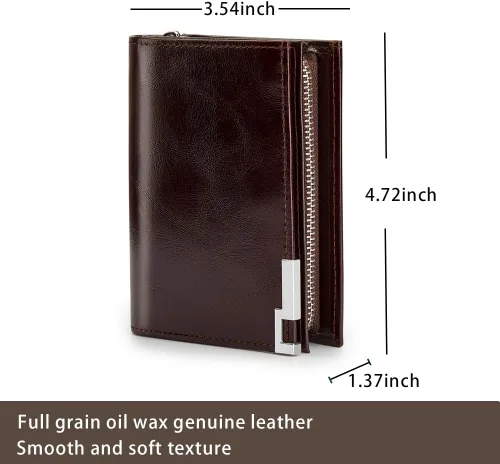 Vista 3 de VANNANBA Cartera de piel auténtica con cera de aceite para hombre, con cierre RFID, con bloqueo RFID, rojo, (claret red), Cartera Rfid