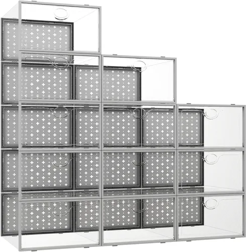 Vista 14 de Pinkpum Caja organizadora de almacenamiento extragrande para zapatos y zapatillas, 12 unidades, de plástico transparente, apilable, color negro