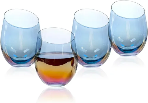 Vista 4 de MyGift Copas de vino modernas de 14 onzas sin tallo de vidrio azul iridiscente con borde en ángulo, cristalería transparente con tinte de brillo