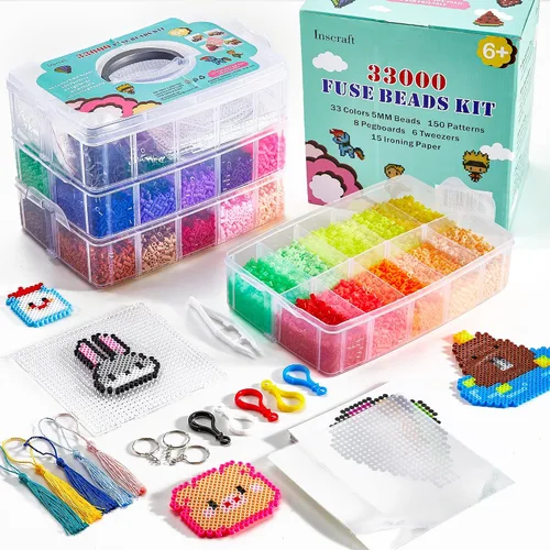 Vista 9 de Juego de cuentas fusibles, 21,000 piezas de cuentas fusibles, 22 colores de 0.197 in para niños, incluye 8 papel de planchar, 48 patrones, 4