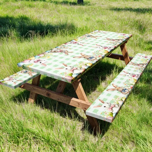 Vista 63 de Funda para Mesa de Picnic con Fundas para Bancos y Bolsa, Campista de Madera Impermeable Resistente al Viento, Cubierta de Mantel Ajustada con Borde