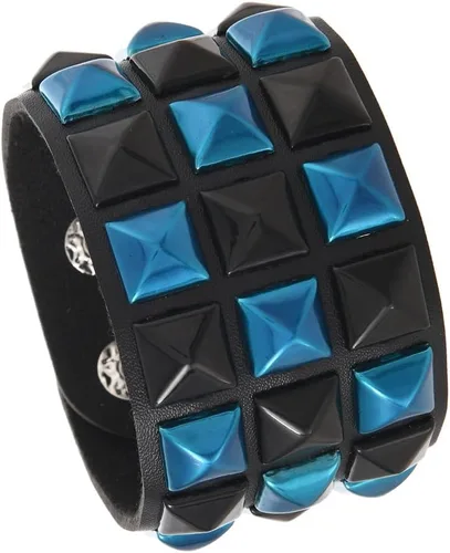 Vista 7 de coadipress Pulsera de cuero punk con tachuelas para hombres y mujeres, 3 filas, punk, rock, negro, blanco, brazalete de motociclista, pulsera