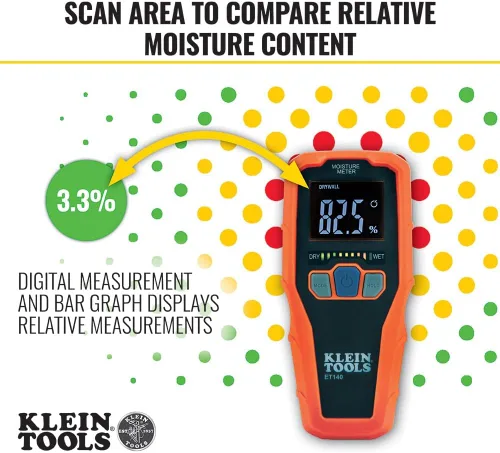 Vista 4 de Klein Tools Medidor de humedad ET140 sin pines para detección de humedad no destructiva en paneles de yeso, madera y mampostería; detecta hasta 3/4