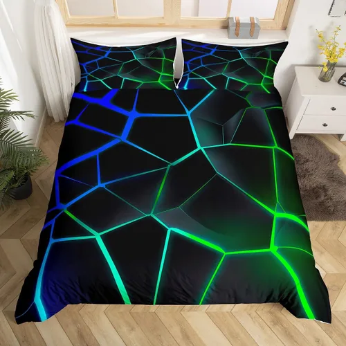 Vista 3 de Juego de ropa de cama geométrica de panal verde y azul, funda de edredón hexagonal estereoscópica para niños y niñas, funda de edredón hexagonal