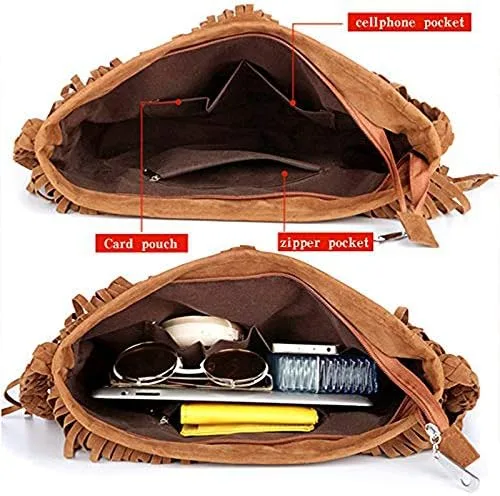 Vista 3 de Goclothod Bolso de hombro estilo hobo de gamuza con flecos, estilo hippie para mujer, estilo vintage