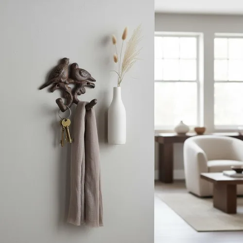 Vista 4 de Comfy Hour Ganchos para abrigos de pájaro de 5.4 pulgadas, montaje de pared doble de hierro fundido Soporte para llaves de pájaro, marrón antiguo
