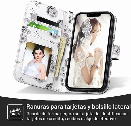 Vista 3 de ULAK Compatible con iPhone 13 Funda tipo cartera para mujer, funda tipo billetera de piel PU con tarjetero y función de caballete, funda protectora