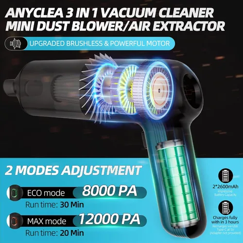 Vista 3 de Aspiradora de mano inalámbrica para automóvil, 12000PA de alta potencia, fuerte succión quitapelusas y soplador de aire, mini aspiradora portátil