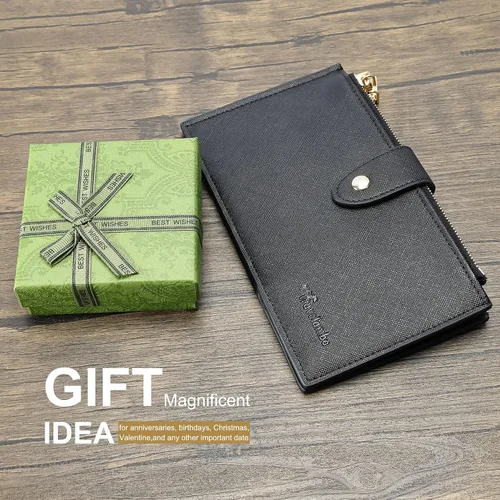 Vista 8 de Travelambo Billetera para mujer con bloqueo RFID plegable para múltiples tarjetas con bolsillo con cremallera, Negro -, Minimalista