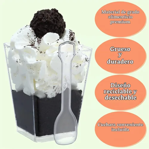 Vista 4 de SHOPDAY Vasos de postre de plástico de 5 oz: paquete de 30 vasos cuadrados transparentes con cucharas, pequeños vasos de parfait, mini vasos