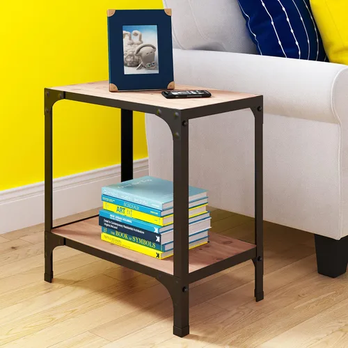 Vista 2 de Serta Overland - Mesa auxiliar de 2 niveles, muebles decorativos de madera rústica y metal negro, marco estrecho rectangular, fácil montaje
