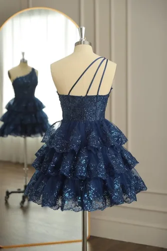 Vista 3 de One Shoulder Short Homecoming Dresses for Teens Sequin Sparkly Prom Dresses Tiered Lace Cocktail Dresses