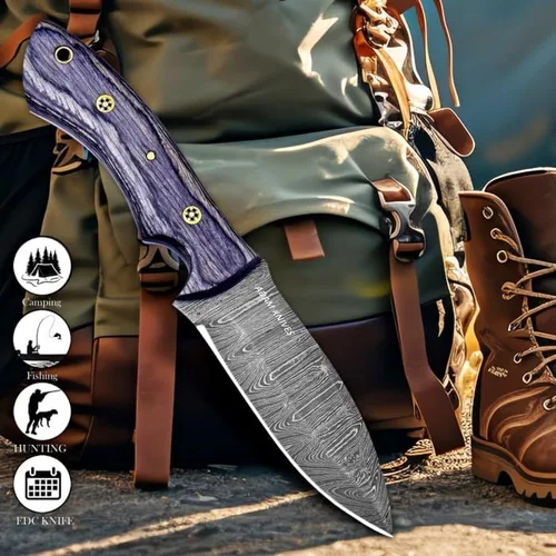 Vista 6 de Cuchillo de caza de acero de Damasco de hoja fija con funda de cuero de 9 pulgadas, cuchillo de caza de espiga completa, mango de madera