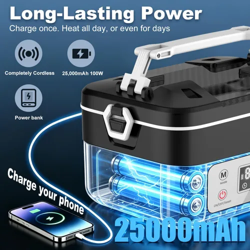 Vista 3 de Cordless Electric Heated Lunch Box, 25000mAh Auto Heating Timer Negro