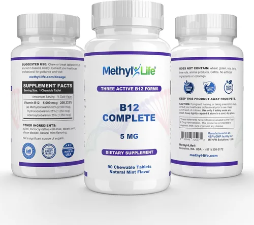 Vista 4 de Methyl-Life® B12 Complete – 5000 mcg de metilcobalamina + hidroxi B12 + adenosilcobalamina Vegano, sin OMG, sin gluten 90 tabletas masticables