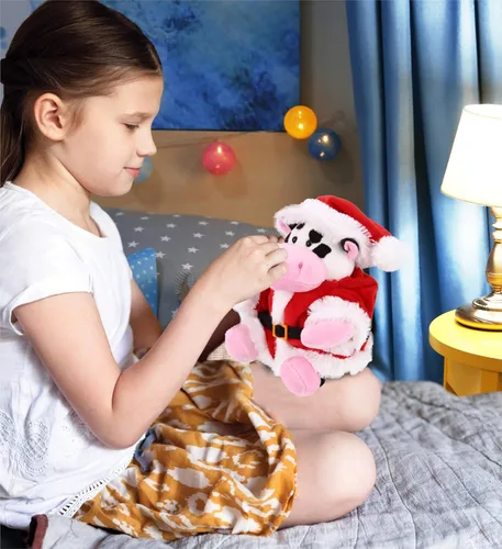 Vista 6 de DolliBu Juguete de peluche de vaca de Papá Noel, súper suave, disfraz de animal salvaje con traje de Papá Noel rojo, lindo regalo de vida silvestre