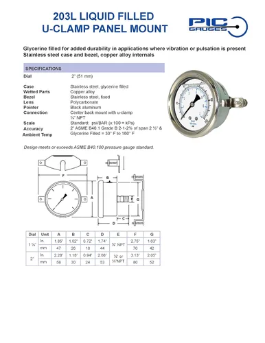 Vista 5 de PIC Gauges 203L-204M Medidor de presión relleno de glicerina con abrazadera en U con carcasa SS/bisel, internos de latón, lente de PC, dial de 2
