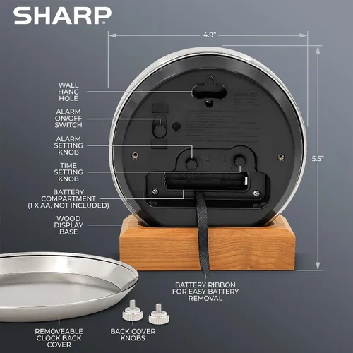 Vista 6 de Sharp Silent Sweep - Reloj despertador analógico sin tictac, escritorio de metal cepillado o reloj de pared con soporte de madera auténtica