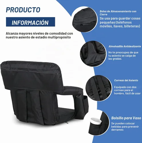 Vista 5 de Nova Microdermabrasion Asiento de estadio de 20.5 pulgadas / 25 pulgadas de ancho para gradas con soporte de espalda, cojín acolchado portátil Negro