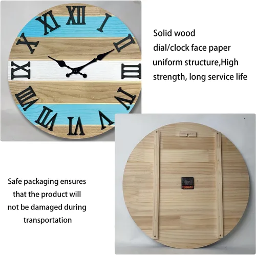 Vista 5 de Reloj de pared de madera maciza azul para sala de estar, estilo granja, reloj de pared redondo de 12 pulgadas, funciona con pilas, silencioso Wall