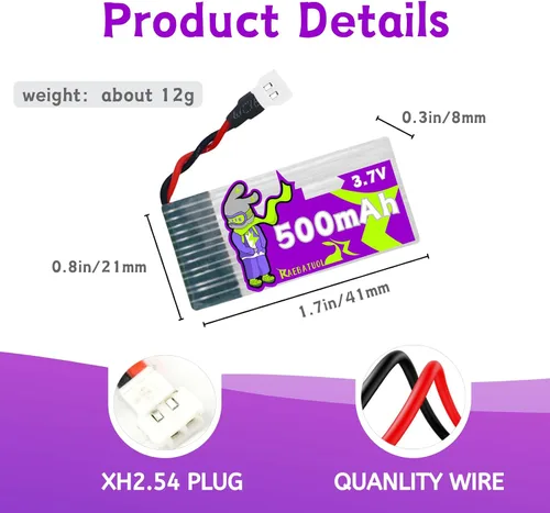 Vista 4 de Batería LiPo de 500mAh 3.7V 702035 con Molex XH2.54/Molex Plug,Compatible con DEERC F35, para LEAMBE P-40 Warhawk/Holystone/LEAMBE P-40 Warhawk RC