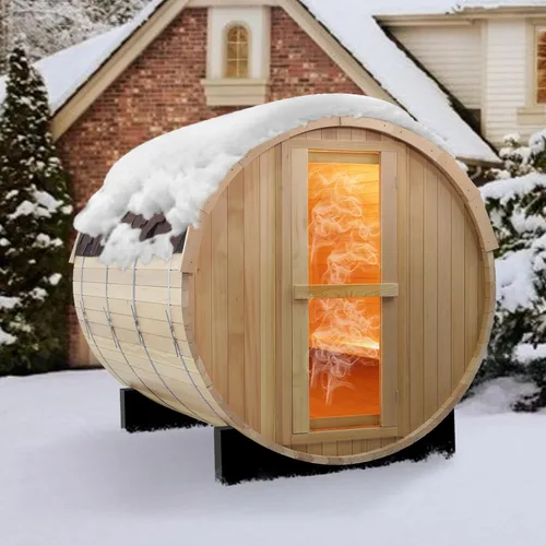 Vista 8 de Smartmak Sitio de sauna de barril de madera al aire libre, 4 personas Canadian Hemlock Garden Saunas de madera tradicionales con techo de asfalto