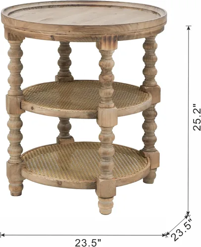 Vista 2 de 3-Tier Round Side Table Small End Tables Nightstand Wood & Rattan Brown 23.5 Brown