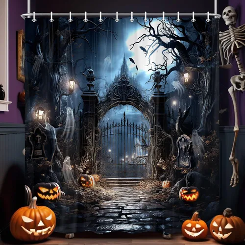 Vista 2 de Halloween Haunted Graveyard Shower Curtains, Horror Forest Shower Curtain for Bathroom, Scary Pumpkin Lantern Tombstone Skull Fabric Waterproof