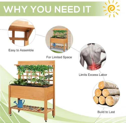 Vista 5 de Outsunny Cama de jardín elevada de madera de 41 pulgadas con enrejado sobre Marrón