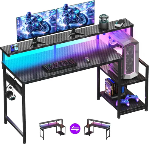 Vista 8 de AODK Escritorio para juegos de 48 pulgadas con luces LED y soporte para CPU