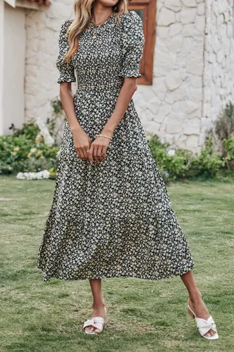 Vista 30 de BTFBM Vestidos para mujer, cuello redondo, casual, de verano, con volantes, manga corta, bohemio, con niveles, fruncido, largo, con estampado floral