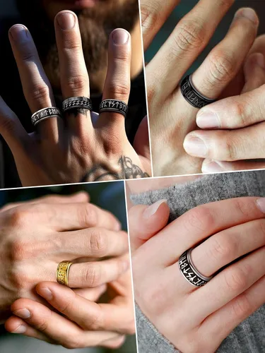 Vista 4 de FaithHeart Anillo giratorio nórdico vikingo con runas de acero inoxidable chapado en oro para hombres y mujeres, puede grabar personalizado