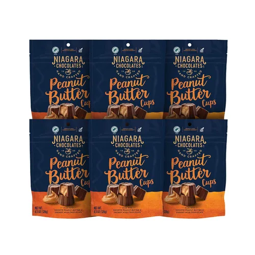 Vista 5 de Niagara Chocolates Tazas de mantequilla de maní de chocolate con leche, paquete de 4 bolsas de pie (4.5 onzas), sin OMG, chocolate premium, hechas a