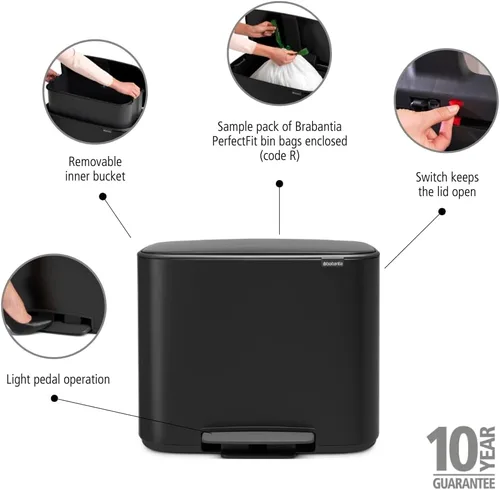 Vista 2 de Brabantia Bo - Basurero de cocina con compartimento individual, color negro mate, cubo interior de 9.5 galones, cubo de basura de cierre suave
