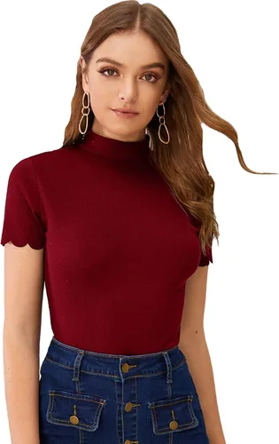 Vista 9 de SweatyRocks - Camiseta de manga corta con cuello alto, canalé y bordes envoltorio para mujer Beige