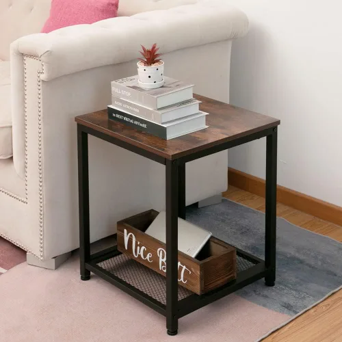 Vista 2 de Mesa auxiliar industrial de 2 niveles con estante de almacenamiento, resistente, fácil montaje, muebles decorativos con aspecto de madera con marco