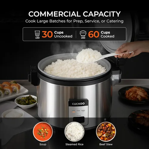Vista 4 de CUCKOO Arrocera comercial y calentador, olla arrocera extra grande de 30 tazas sin cocer / 60 tazas cocidas, olla industrial profesional de granos