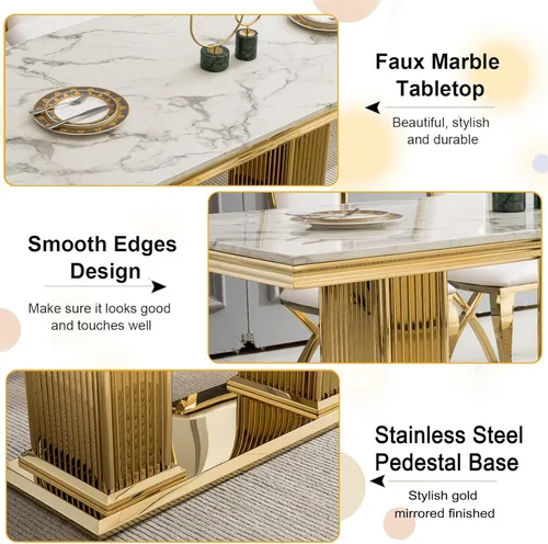 Vista 4 de Mesa de comedor de mármol blanco de 70 pulgadas para 4 a 6, moderna mesa de cocina rectangular de mármol sintético con base de doble columna