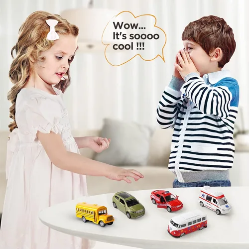 Vista 7 de KIDAMI Juego de 5 autos de juguete de metal fundido a presión, puertas que se abren, ambulancia de autos retrocedentes, paquete de regalo para niños