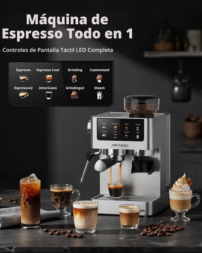 Vista 3 de AIRMSEN Máquina de café expreso con molinillo, 20 bares, varita de vapor