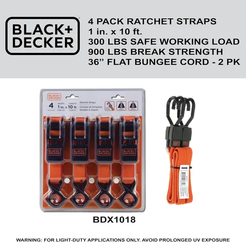 Vista 9 de Black+Decker BDX1018 - Juego de 6 correas de trinquete de 10 pies y correa elástica de 36 pulgadas, carga de trabajo segura de 300 libras