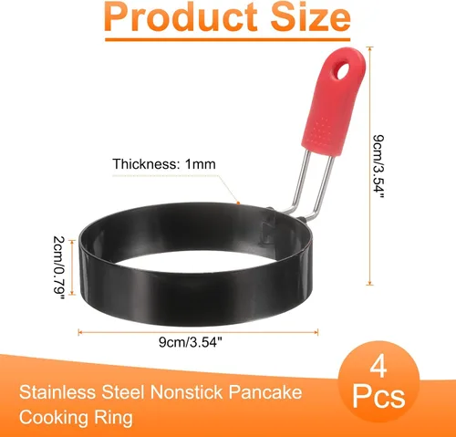 Vista 2 de HARFINGTON 4 anillos de huevo de 3.5 pulgadas de acero inoxidable antiadherente para panqueques con mango de silicona para freír huevos sándwich