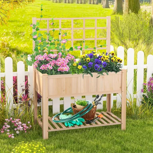Vista 9 de S AFSTAR Cama de jardín elevada con enrejado, maceta elevada de 42 x 21 x 58 pulgadas con patas, estante de almacenamiento inferior, forro