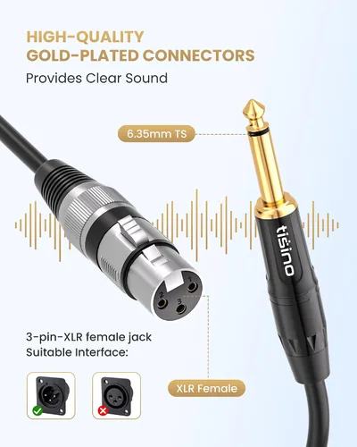 Vista 2 de Tisino - Cable de micrófono con conector hembra XLR a conector mono TS de 1/4 (6,35 mm) desequilibrado para micrófono dinámico - 2,01 m/6,6 pies