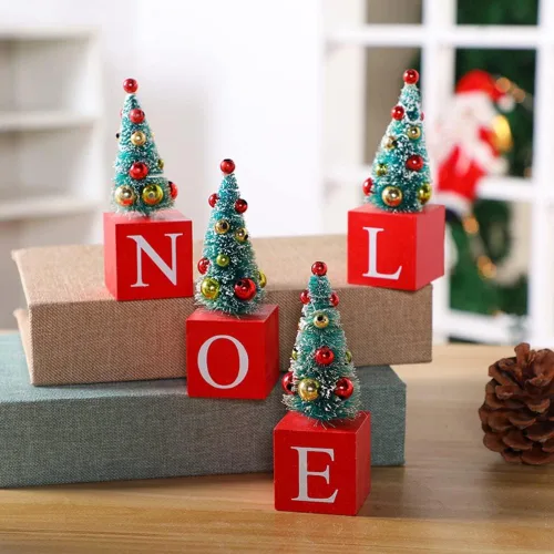 Vista 3 de Ochine 4 mini árboles de Navidad artificiales, árbol de mesa de Navidad, mini árboles de sisal de pino con base de madera de nieve, adornos