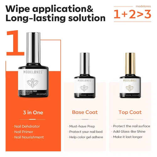Vista 2 de modelones Gel Base Top Coat Set 3 Pcs with 3-in-One Nail Dehydrator & Primer Nourishing Acid Free Dehydrator Nail Prep Kit for Gel Nail Polish