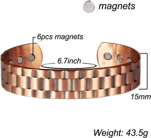 Vista 2 de Pulsera de cobre para hombre, pulsera magnética de cobre puro con 6 potentes imanes, regalo para padre, huaband o novio en aniversario, cumpleaños