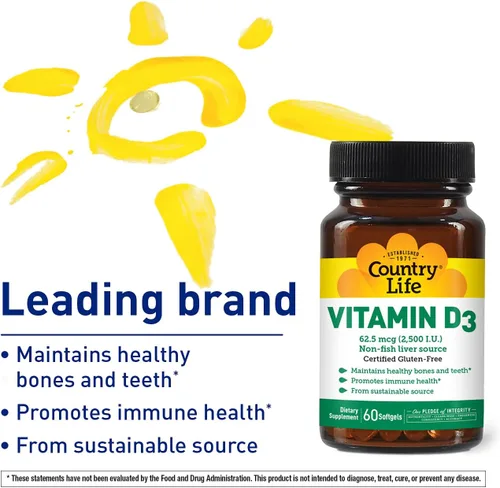 Vista 3 de Country Life Vitamina D3 2500 I.U. Sin gluten, 60 cápsulas blandas
