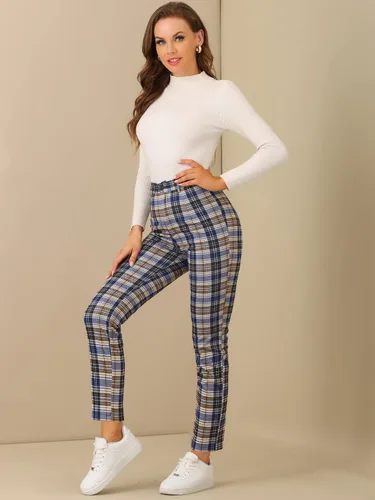 Vista 3 de Allegra K Pantalones cortos a cuadros para mujer, con botones, casuales, de tartán