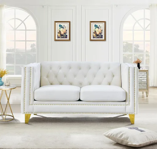 Vista 10 de Sofá de terciopelo de 3 plazas, cómodos sofás para sala de estar, sofá moderno con respaldo copetudo y decoración de remaches, sofá largo tapizado